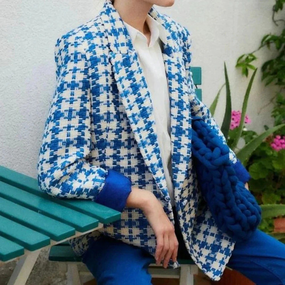 Joie Jackets & Blazers - NWT Joie Wool Blended Tweed Houndstooth White Blue Women's Classy Blazer Size L.